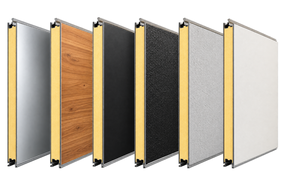 SIP panel finish options: aluminum, woodgrain, matte black, orange peel, stucco, white