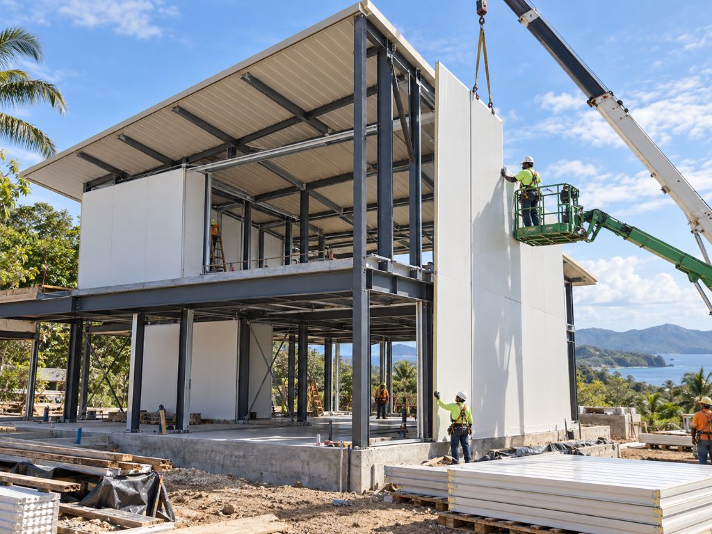 Crane lifting a CENLUXE SIP wall panel into place on a steel-framed building under construction