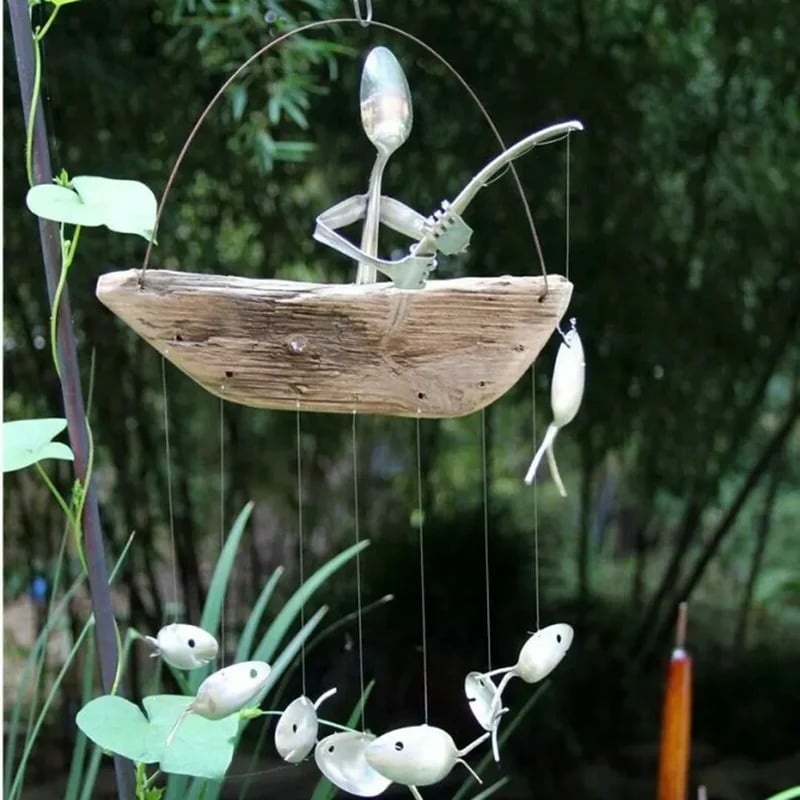 Last day 80% off – Handmade Fisherman Man Spoon Fish Sculpture Wind Chime