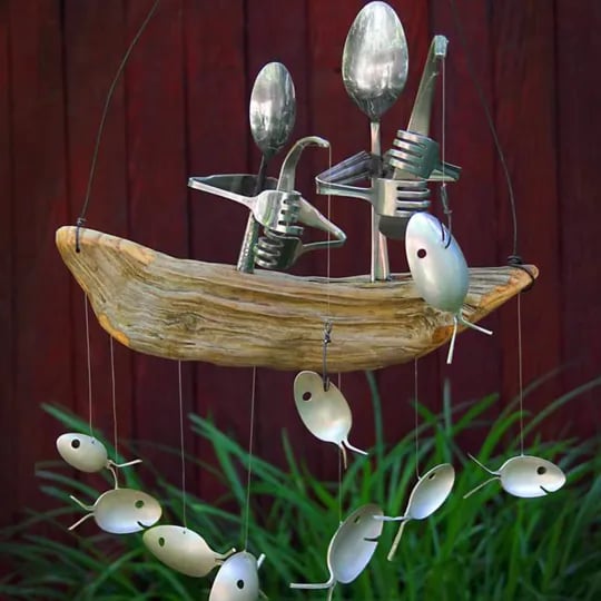 Last day 80% off – Handmade Fisherman Man Spoon Fish Sculpture Wind Chime