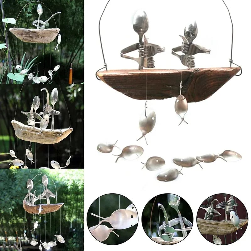 Last day 80% off – Handmade Fisherman Man Spoon Fish Sculpture Wind Chime